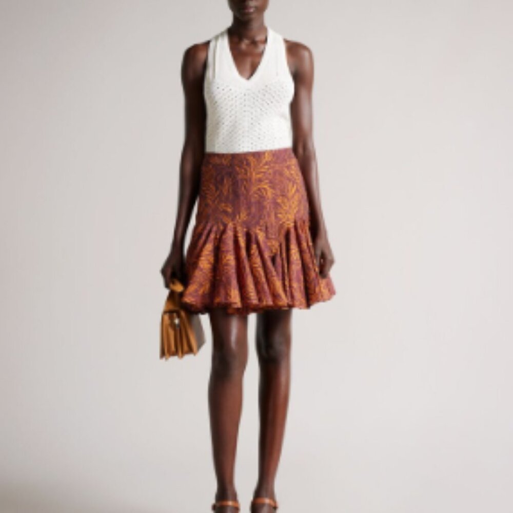 Ted Baker Leaf Print Mini Godet Skirt in Brown - Size 4